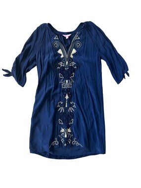 LILLY PULITZER Blue Gold Embroidered Cutout Sleeve Dress Size XS